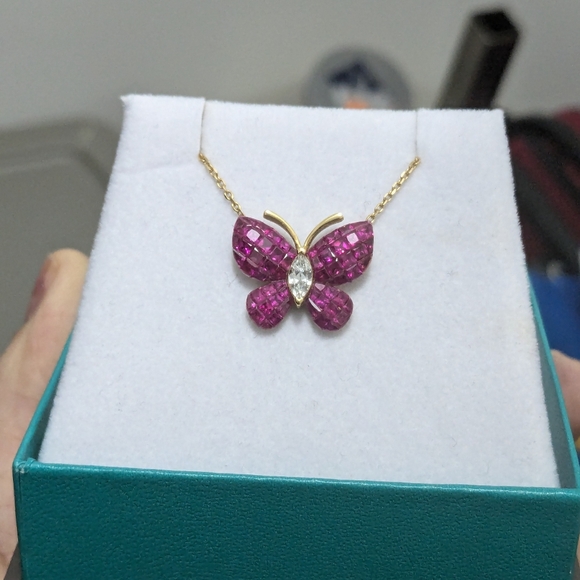 750/18K YG Invisible set Rubies and Diamond Butterfly Necklace - Picture 11 of 16